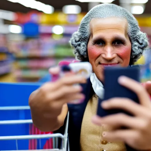 Prompt: professional color photo of george washington taking a selfie in walmart, 4 k