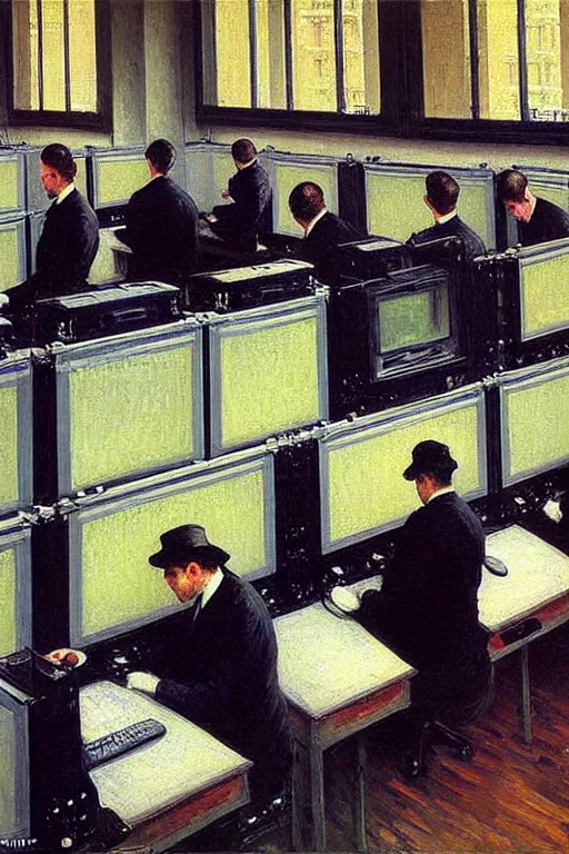 Image similar to oil painting highly detailed computer workers in office painted by gustave caillebotte, impressionism