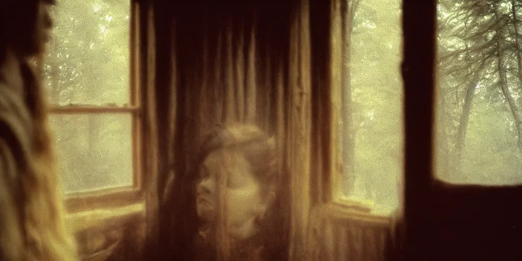 Prompt: portrait bust of young woman, tired expression, faded color film, russian cinema, tarkovsky, kodachrome, inside old cabin, next to window, heavy forest outside, long brown hair, old clothing, heavy fog, brown color palette, hudson river school, 4 k, dramatic lighting, greg rutkowski