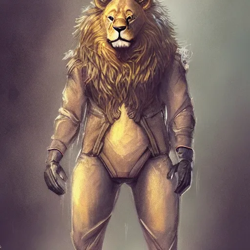 Prompt: Anthropomorphic Lion wearing nano technology by rossdraws,greg rutkowski,and Sarah Andersen,ambient style, very detailed,detailed suit,detailed