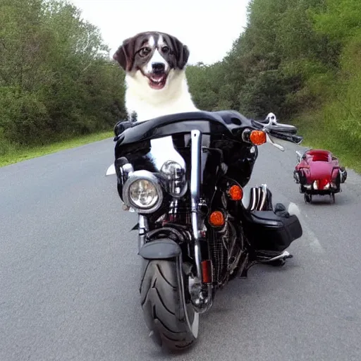 Image similar to dog on a as Harley Davidson on the road, funny picture