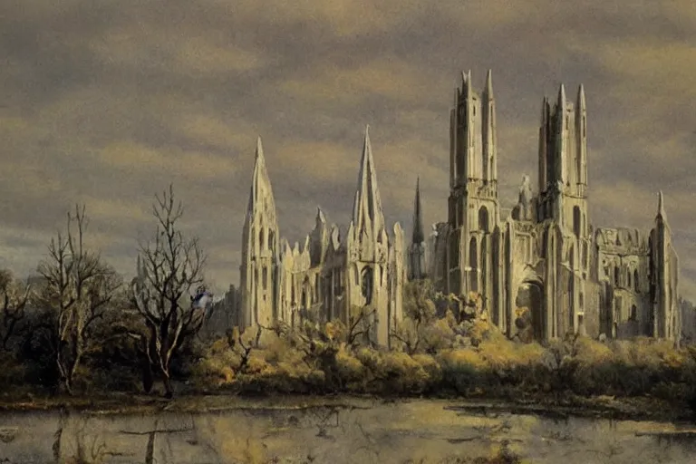 Image similar to landscape hills made of liquid melted wax paper and white brutalist desert gothic cathedral painted by paul gustav fischer