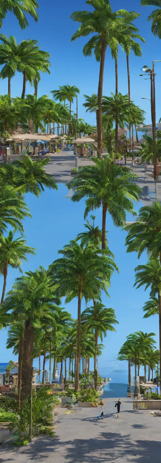 Image similar to long shots of liquid sidewalk with fish, palm trees, accessible for the disabled, by professional photographer, 8 k resolution, photo, high quality, unreal engine, 3 d