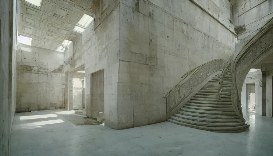 Prompt: a huge neoclassical brutalist building interior with very high walls and spiral stairs, cinestill 8 0 0 t 3 5 mm, heavy grain, high quality, high detailed