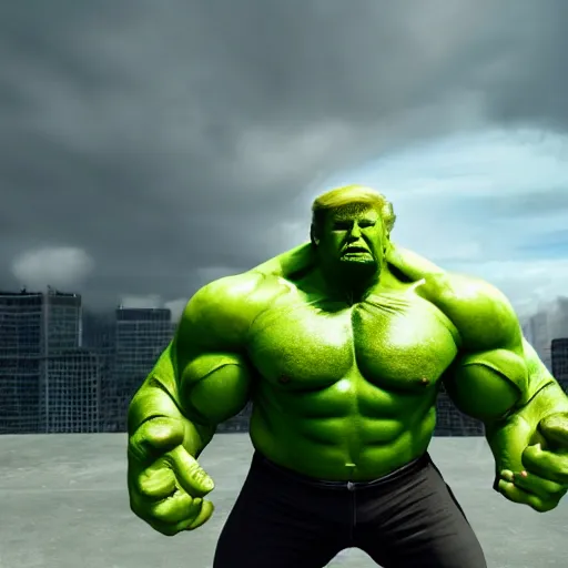Prompt: Donald Trump with The Incredible Hulks body, realistic artstyle, wide shot, dramatic lighting, octane render, hyperrealistic, high quality, highly detailed, HD, beautiful, cinematic, 8k, unreal engine, facial accuracy, symmetrical