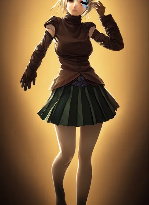 Image similar to portrait of a full body of beautiful young female detective, d & d, sleeveless turtleneck, pleated skirt, fantasy, flat lighting, intricate, highly detailed, digital painting, artstation, concept art, smooth, sharp focus, illustration, misa amane, art by simon bisley and greg rutkowski and alphonse mucha, natural tpose