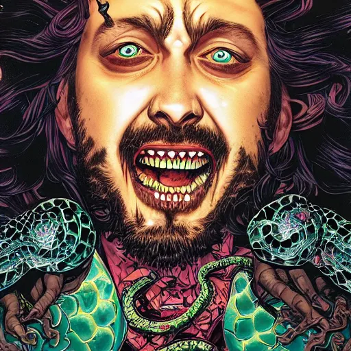 Prompt: portrait closeup of crazy post malone as vampire and snakes around, symmetrical, by yoichi hatakenaka, masamune shirow, josan gonzales and dan mumford, ayami kojima, takato yamamoto, barclay shaw, karol bak, yukito kishiro