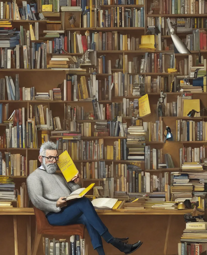 Prompt: Middle-aged professor with a short gray beard and short spiky hair wearing a yellow sweater sits at desk in his study with a expansive bookshelf crammed with books in the background, hyperrealistic, portrait, concept art, illustration, 8k, artstation, digital painting