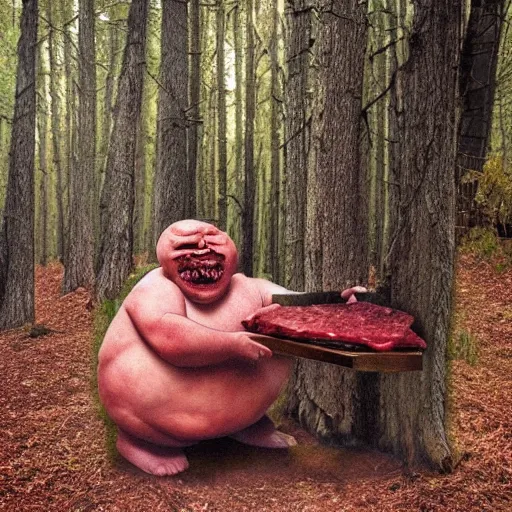 Image similar to big fat butcher with a scary face chops a piece of meat on the stump in a dark forest, old photo, scary, creepy, terrible atmosphere