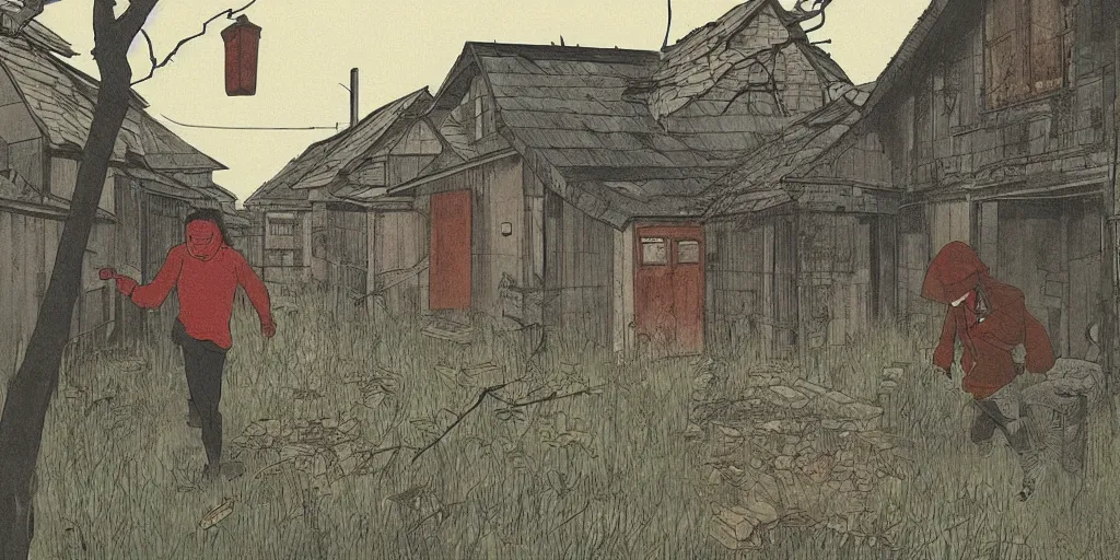 Image similar to beautiful tense illustration of an apocalyptic scene, a man sneaking through an abandoned rural modern village, stephen king atmosphere, 1 9 8 0 s japanese illustrator art, award winning