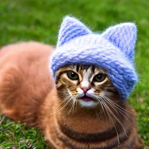 Image similar to cute cat photo licking tongue sticking out, wearing wool hat cat ears