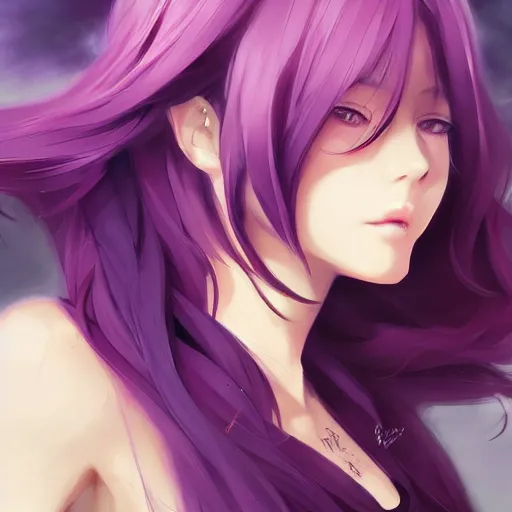 Image similar to An anime portrait of cute cat girl with long purple hair by Stanley Artgerm Lau, WLOP, Rossdraws, James Jean, Andrei Riabovitchev, Marc Simonetti, and Sakimichan, tranding on artstation