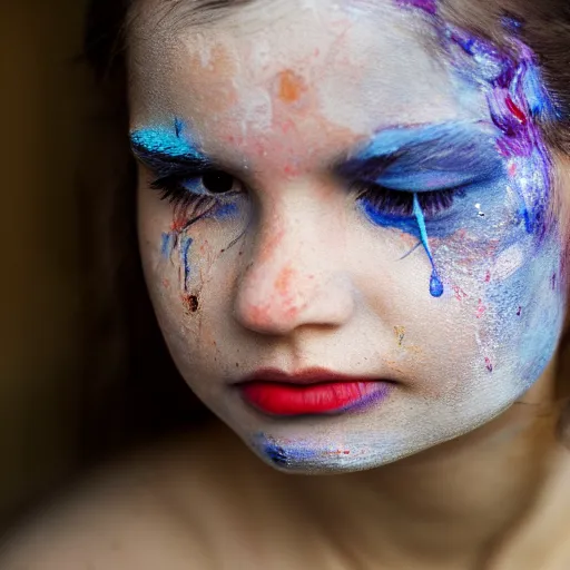 Prompt: a girl with cracked skin painting her face with paint, 5 0 mm lens, f 1. 4, sharp focus, ethereal, emotionally evoking, head in focus, volumetric lighting, blur dreamy outdoor,