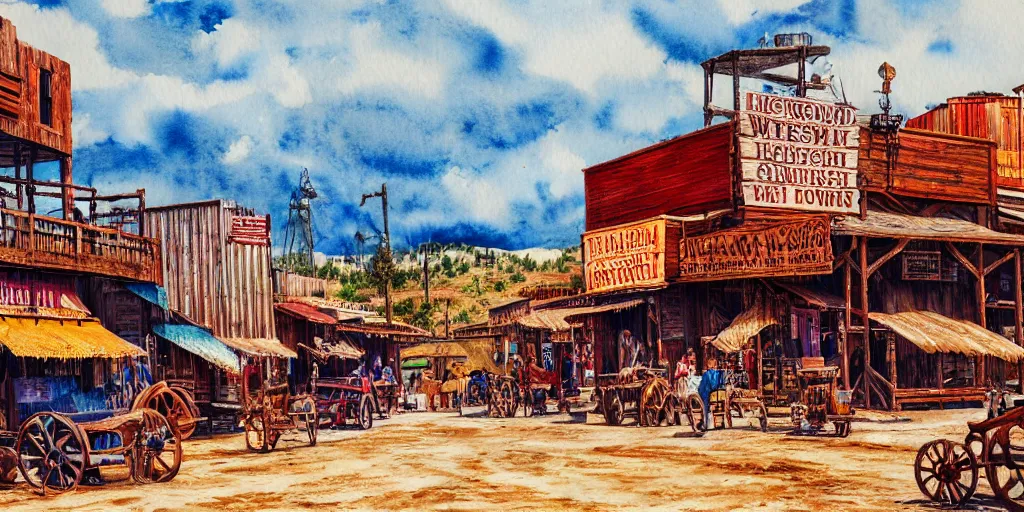 Image similar to watercolor painting of wild west town with very few people, western, old west, vivid colors, warm colors, high production value, intricate details, high resolution, hyperrealistic, hdr, high definition, masterpiece, ultra realistic, highly detailed, hd, sharp focus, non blurry, sharp, smooth