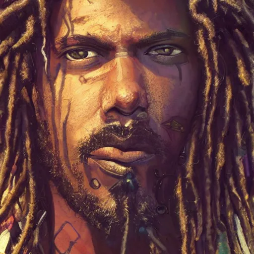 Image similar to cyberpunk, closeup portrait of a shaggy cyberpunk rastafarian, tired, stubble beard, washed up, dramatic light, city background, sunset, dystopian setting, high contrast, sharp, neuromancer, henry dorsett case, painted by stanley lau, painted by greg rutkowski, painted by stanley artgerm, digital art, trending on artstation