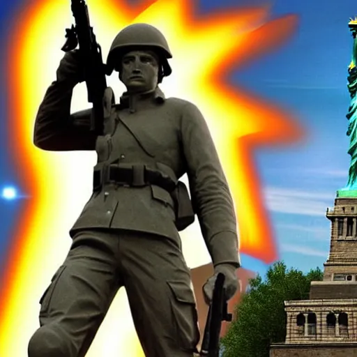 Image similar to The war between the Soviet Union and America, the action takes place in New York, far away against the background of the Statue of Liberty, a lot of soldiers and military equipment, a lot of explosions and tracer bullets, a lot of ruins, a very epic battle, The style of photography of the 80s