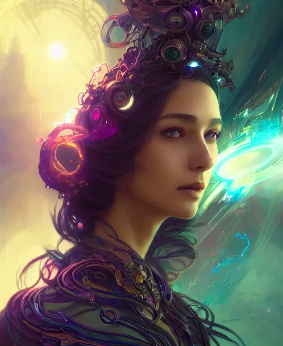 Image similar to a whirlwind of souls rushing inside the metaverse, half body, glowin eyes, tiara with sapphire, pharaoh, android, cyberpunk, d & d, fantasy, intricate, elegant, highly detailed, colorful, vivid color, digital painting, artstation, concept art, art by artgerm and greg rutkowski and alphonse mucha and ruan jia