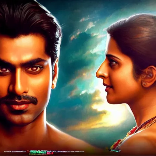Prompt: perfectly centered bollywood movie promotional poster of anatomically correct hero and heroine romantic pose, faces symmetrical, modelling photography ; real life portrait ; ultra realistic, high coherence, intricate, hdr, highly detailed, photorealistic, octane render, 8 k, unreal engine ; art by artgerm, greg rutkowski, charlie bowater, alphonse mucha