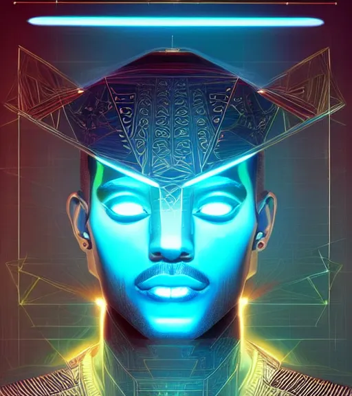 Image similar to symmetry!! egyptian king of technology, solid cube of light, hard edges, product render retro - futuristic poster scifi, lasers and neon circuits, brown skin male egyptian king, intricate, elegant, highly detailed, digital painting, artstation, concept art, smooth, sharp focus, illustration, dreamlike, art by artgerm