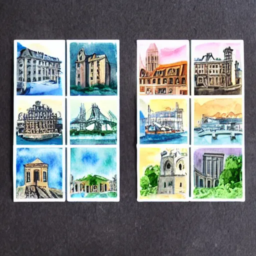 Prompt: a watercolour sticker pack with historical buildings