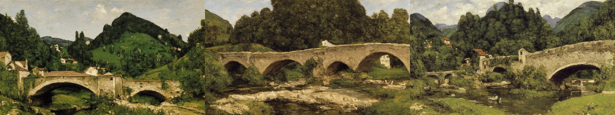 Prompt: High-Quality realist painting of a bridge in a traditional Swiss village in a valley by Gustave Courbet, peaceful, very detailed, oil on canvas.