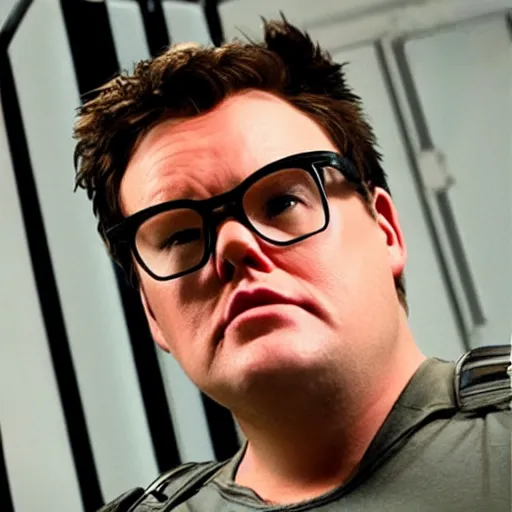 Prompt: Alan Carr as terminator, dramatic shot,