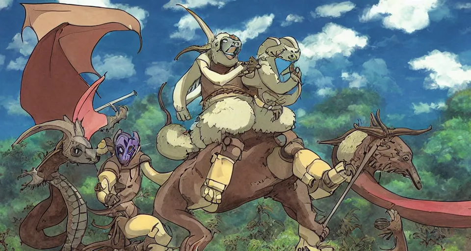 Prompt: sloth warrior riding a dragon by studio ghibli H 576