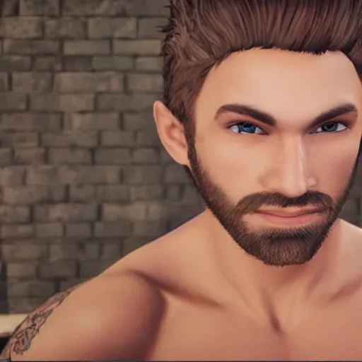 Image similar to attractive strong built irish english man with a chin beard and spiky blonde hair smiling at the camera, unreal engine, character design