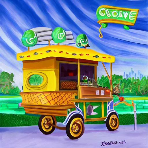 Image similar to crocodile man driving an ice cream cart, fantasy, digital art