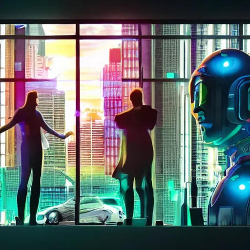 Image similar to a cinematic composition depicting : we're overlooking translucid crystal android being, whos is behind their heads up display viewing out of their window how a high tech lush solarpunk tribe collaborating with their technologic android helpers encroaching a cyberpunk resort at sunrise