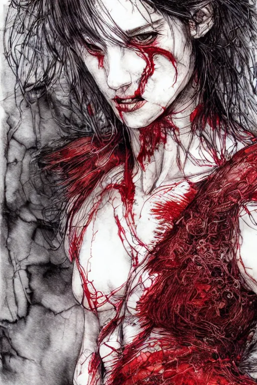 Prompt: portrait of a beautiful woman transforming into a terrible werewolf, torn red clothes, pen and ink, intricate line drawings, by Yoshitaka Amano, Ruan Jia, Kentaro Miura, Artgerm, watercolor