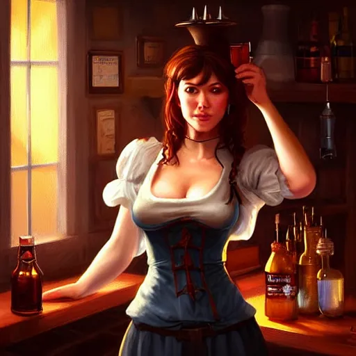 Image similar to a portrait digital painting of mary elizabeth winstead as a medieval bar maid in a tavern at night. painted by artgerm, ross tran.