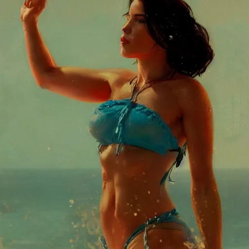 Image similar to halsey in a bikini, 8 k octane beautifully detailed render, post - processing, extremely hyper - detailed, intricate, epic composition, cinematic lighting, masterpiece, trending on artstation, masterpiece, stunning art by anders zorn, wonderful masterpiece by greg rutkowski, beautiful cinematic