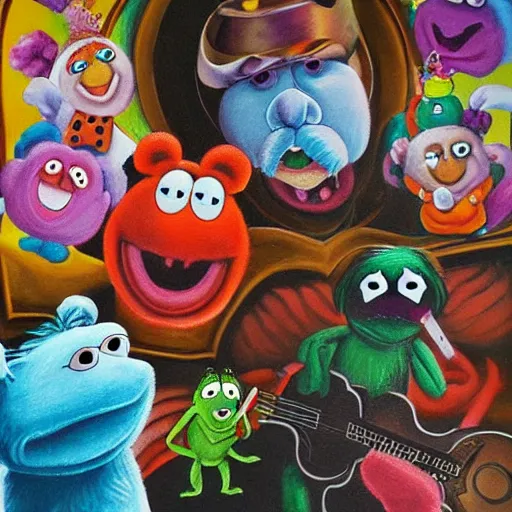 Image similar to “ a detailed painting of the muppets doing an exorcism on a possessed care bear, demonic possession, ominous and dark ritual, divine chaos, surreality, detailed, ultrasharp ”