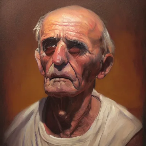 Prompt: portrait painting of the last living gamer by stone tools