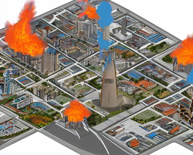 Image similar to 3 d art of london on fire, isometric, fire and smoke, air shot