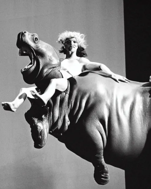 Image similar to photograph of Madonna Ciconne riding a Hippo during a concert performance