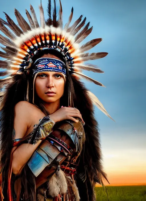 Image similar to hyper detailed realistic photo of an American Indian warrior princess wearing a headdress, in a field with a bison at sunset, long black hair, hd, 8k, muted colors,award winning photography