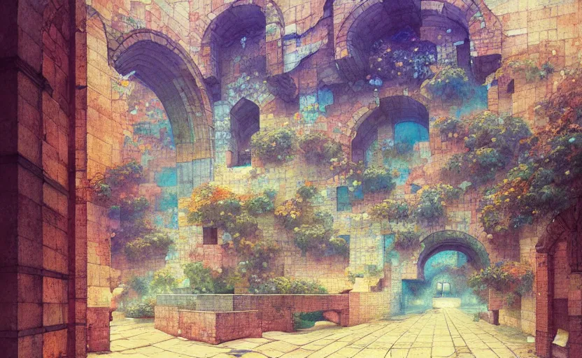 Image similar to tiled room squared waterway, aqueducts, fantasy. intricate, amazing composition, colorful watercolor, by ruan jia, by maxfield parrish, by marc simonetti, by hikari shimoda, by robert hubert, by zhang kechun, illustration, gloomy