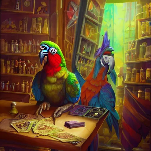 Prompt: Magic the gathering artwork of Anthropomorphized parrot trader in his shop, shelves full, selling a gem, portrait, items, magic potions, carpet, window, fancy funny hat, sly expression , cunning expression, cute expression, presenting magic gem, D&D, fantasy, cinematic lighting, highly detailed, digital painting, artstation, concept art, smooth, sharp focus, illustration, warm light, cozy warm tint, magic the gathering artwork, volumetric lighting, 8k, no gold, no gold colours, art by Akihiko Yoshida and Greg Rutkowski