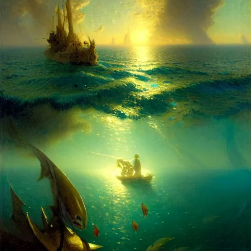 Image similar to point of view of deep in the ocean looking up, you see fishes, higher the milk way, night time, midnight. highly detailed painting by gaston bussiere, greg rutkowski 8 k