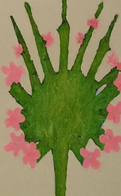 Image similar to painting of green thorn crown with pink little flowers