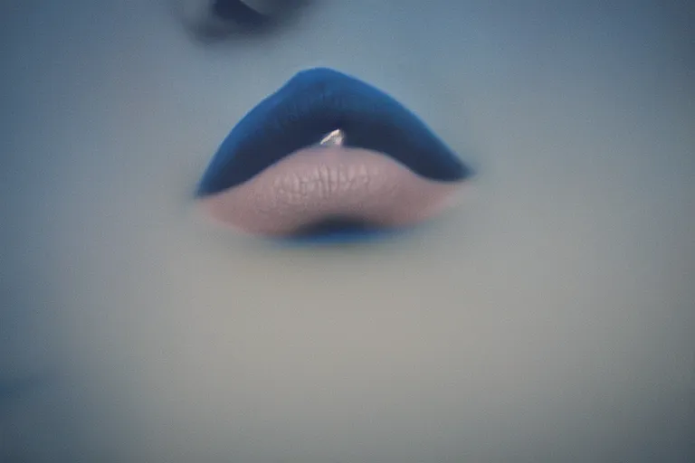 Image similar to film photography, minimalism, lips with smeared lipstick in motion blur in blue fog, golden hour, 35mm, motion blur