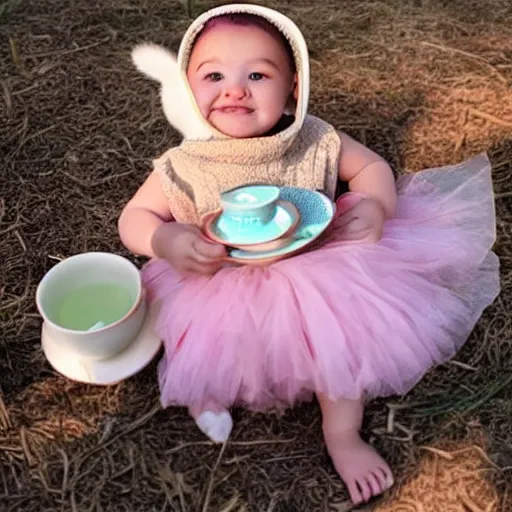 Prompt: photo of a baby girl enjoying a tea party with a chick and an owl