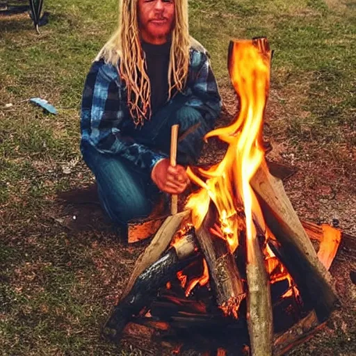 Image similar to photo of hillbilly with long blonde hair around a bonfire, symmetric face