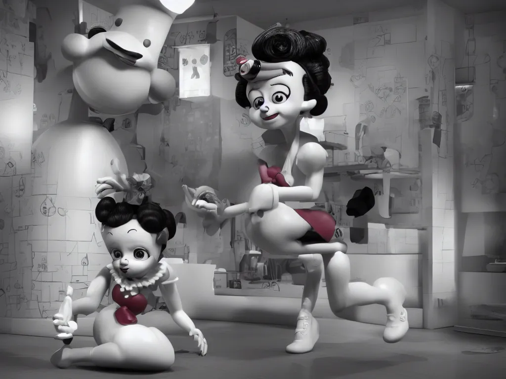 Image similar to anthropomorphic animatronic Betty Boop in Mc Donalds, real hair, dimly lit, liminal space, photorealistic, unrealengine octane 3d render