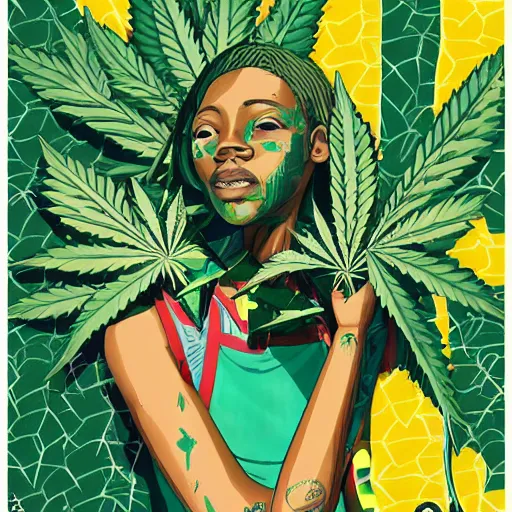 Image similar to Jamaican Marijuana profile picture by Sachin Teng, symetrical, Organic Painting , Leaf Green, adidas, Green smoke, Impressive, Award Winning, Warm, Good Vibes, Positive, geometric shapes, energetic, intricate background, graffiti, street art:2 by Sachin Teng:4