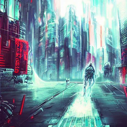 Image similar to Very very very horrific cyber-demon, cyberpunk style, vivid colors, dramatic lighting, top post of all time on /r/ImaginaryLandscapes subreddit