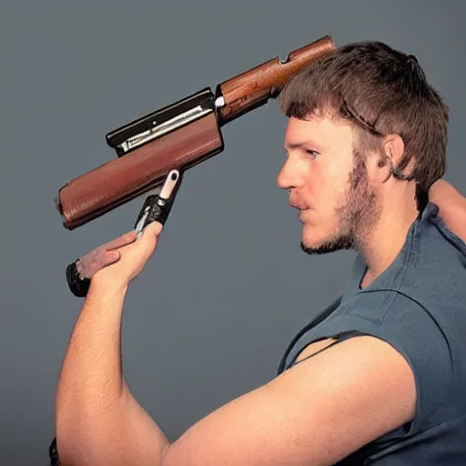 Image similar to man with shotguns as a prosthetic arms