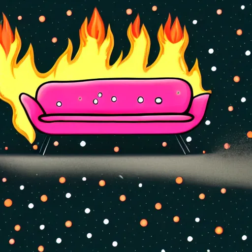 Image similar to a pink couch with orange polka dots on fire in the middle of a junkyard, illustrated, cosmic horror, smoke and ash